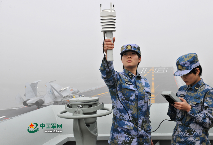 飛行前氣象值班女艦員進(jìn)行風(fēng)力參數(shù)測(cè)定。本網(wǎng)通訊員 王松岐 攝