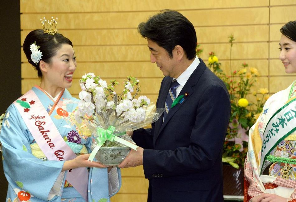 安倍接見日本櫻花女王、綠色女神